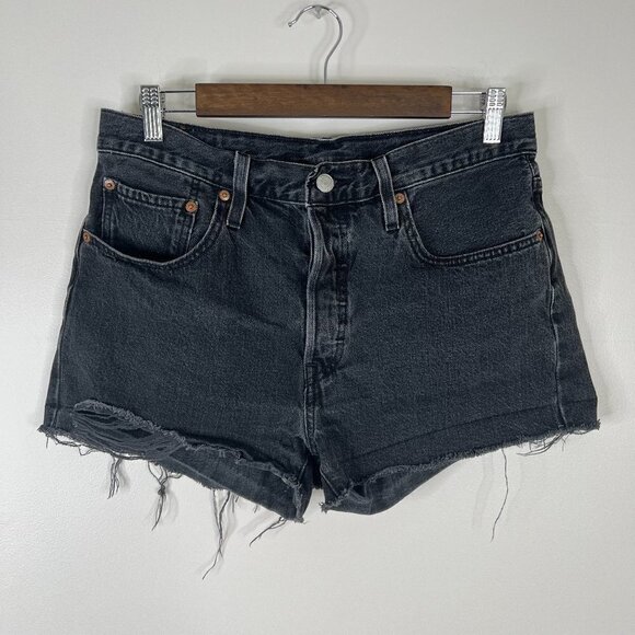 Levi's 501 Black Destroyed Frayed Denim Shorts - Picture 1 of 15